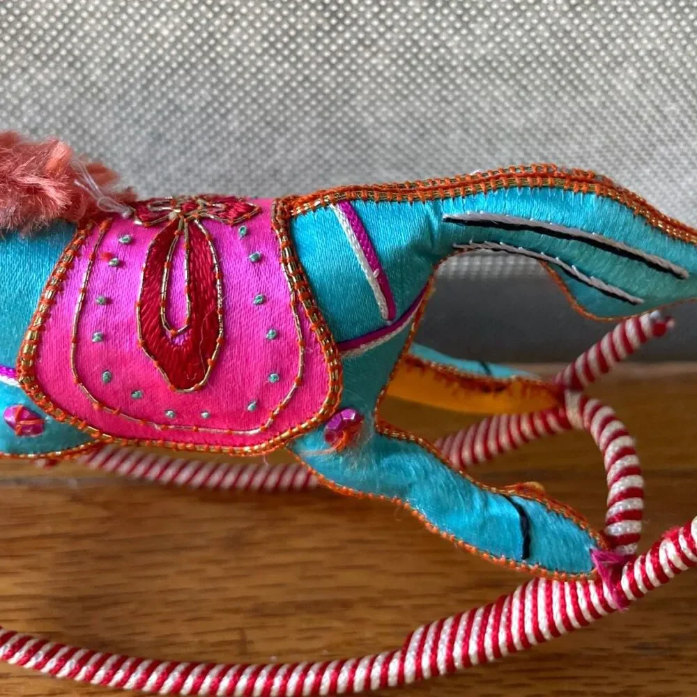 Vintage Fabric Rocking Horse Pair Embroidered Sequins Boho Folk Art Decor